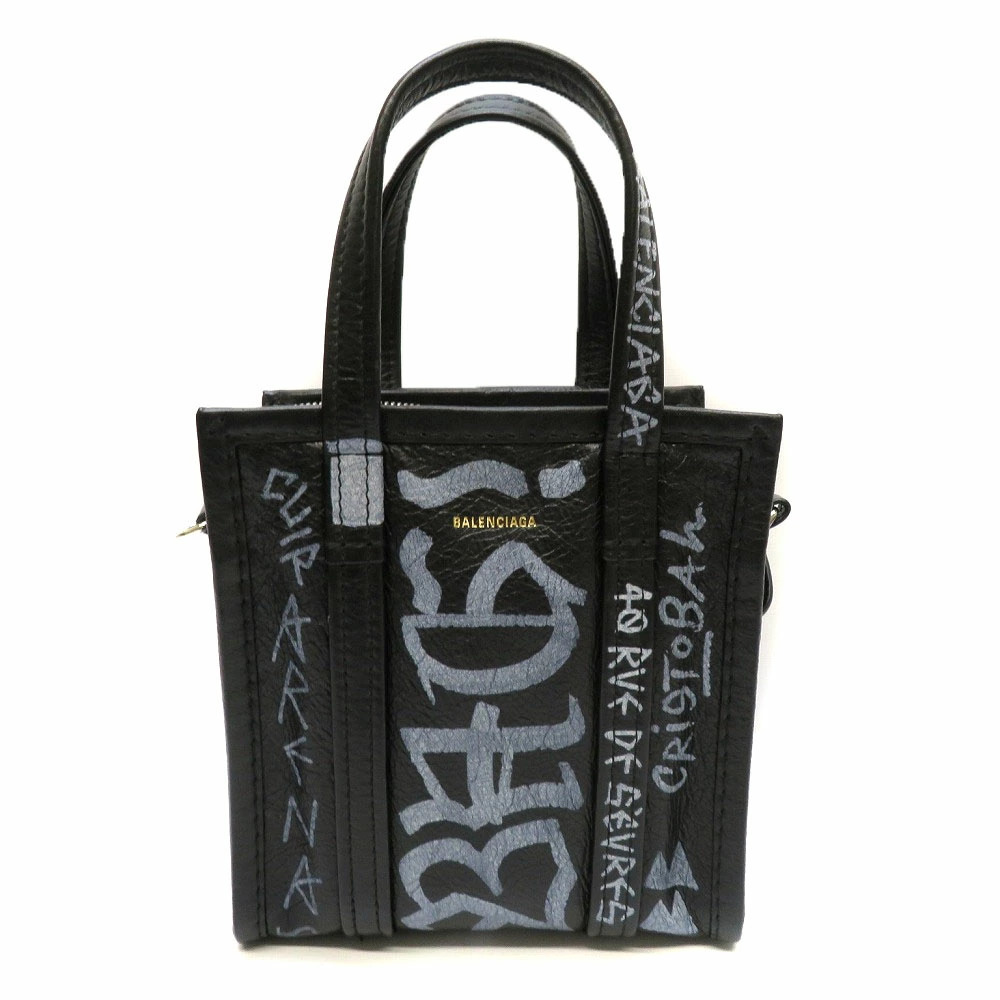 BALENCIAGA Bazaar Shopper XS Graffiti Arena Leather Handbag Shoulder Bag Black